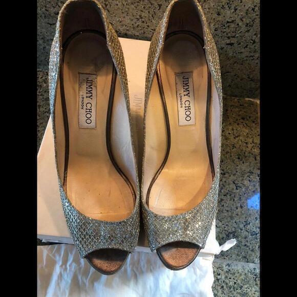 JIMMY CHOO BEllO Wedge Pump Shoes Champagne Glitter Bridal Shoe Euro 39.5 Us 9.5 - Picture 8 of 9